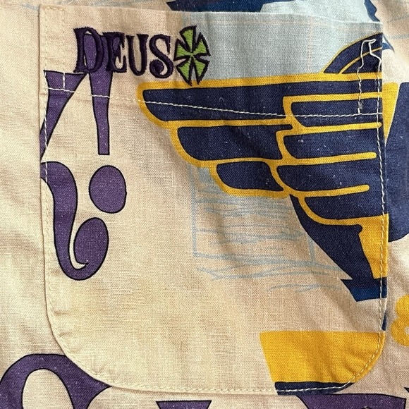 Deus Ex Machina Customs Super OK Hawaiian Shirt Riders Hemp Men's Size Small S - Picture 8 of 14